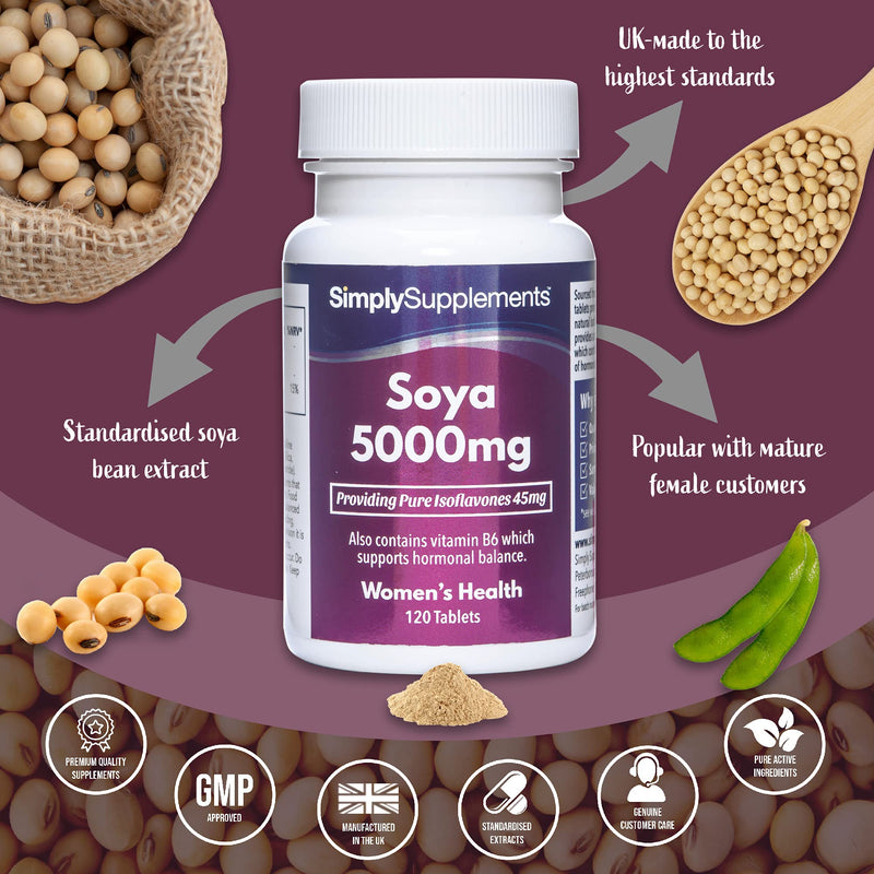 [Australia] - SOYA Isoflavones 5000mg | Now with Added Vitamin B6 for Hormonal Balance | Potent One-a-Day Formula | 120 Tablets = 4 Month Supply | Manufactured in The UK 