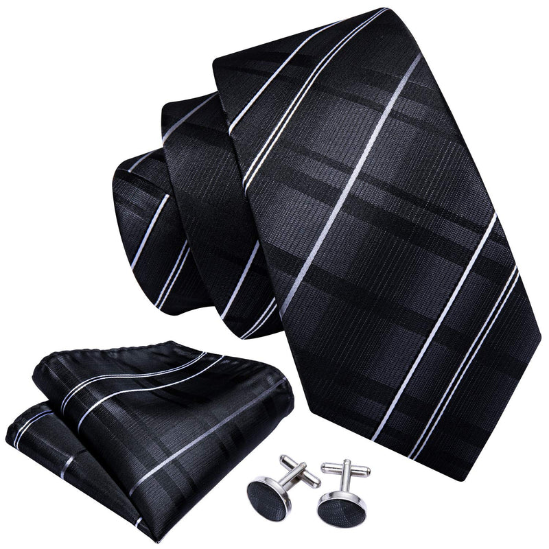 [Australia] - Barry.Wang Stripe Men Ties Set Classic WOVEN Necktie with Handkerchief Cufflinks Formal Black 