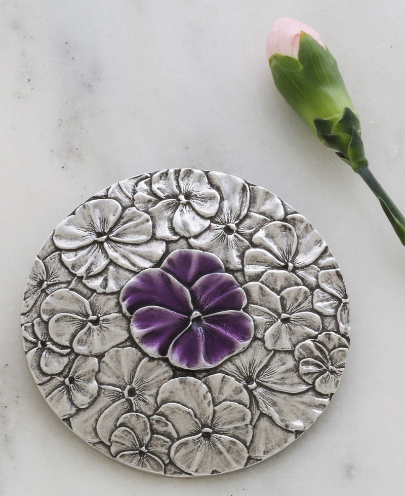 [Australia] - DANFORTH - Pansy Purse Mirror (Purple) - Pewter - 3 Inch Diameter - Handcrafted - Gift Boxed 