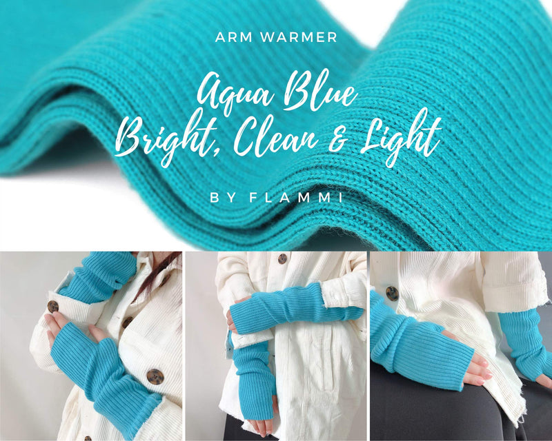 [Australia] - Flammi Women's Knit Arm Warmer Gloves Warm Cashmere Long Fingerless Mittens with Thumb Hole Aqua Blue 
