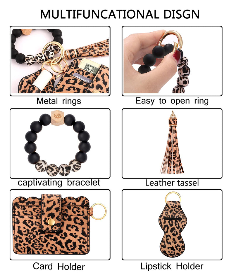 [Australia] - BVGA Wristlet Keychain Bracelet Wallet, Silicone Bead keyring Bangle for Women A:leopard Print 