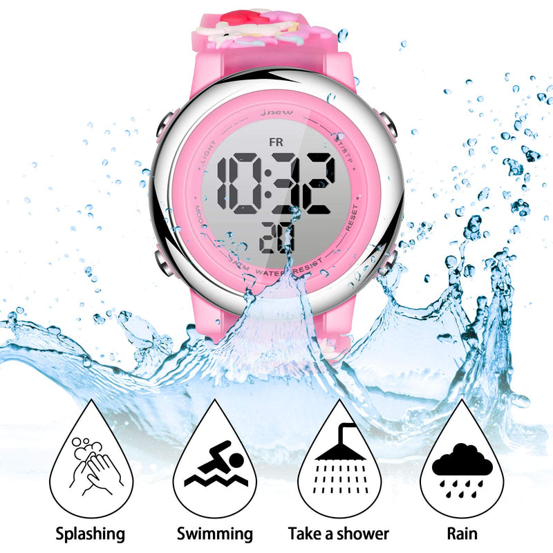 [Australia] - 2 Pieces Unicorn Kids Watch and Silicone Wristband Cute 3D Cartoon Waterproof Toddler Wrist Digital Watch 7 Color Lights Watch with Alarm Stopwatch for 3-10 Year Girls Lovely Pink 