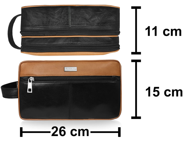 [Australia] - Roamlite Leather Toiletry Wash Bag for Toiletries - Holiday Travel Washbag - Gym Bathroom or Shower Shaving or Cosmetics Kit Bag - Unisex Suitable as Men's or Ladies - 3 Zipped Sections - 2 Tone RL155 