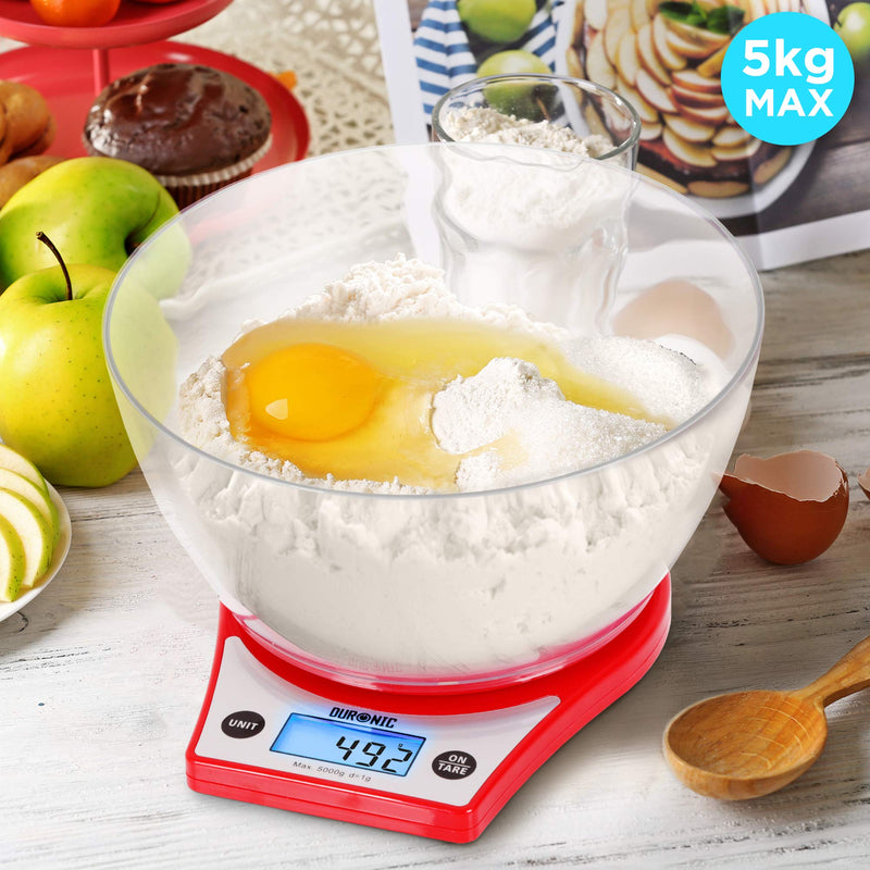 [Australia] - Duronic Kitchen Scales with Bowl for Baking KS6000RD/CR Red 2L Clear Bowl 5kg Capacity Tare | 1g Precision | Postal Parcel Weigh Red/Clear 