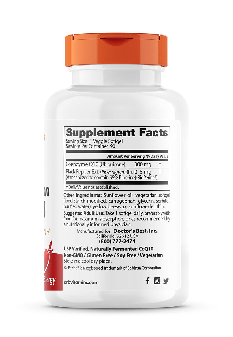 [Australia] - Doctor's Best High Absorption CoQ10 with BioPerine, Vegetarian, Gluten Free, Naturally Fermented, Heart Health & Energy Production, 300 mg 90 Veggie Softgels 