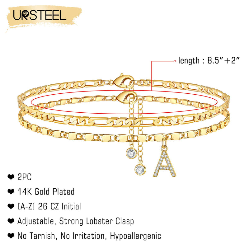 [Australia] - Ursteel Ankle Bracelets for Women, 14K Gold Plated Dainty Layered Figaro Chain CZ Initial Anklets Set Summer Jewelry Gifts for Women Teen Girls A 