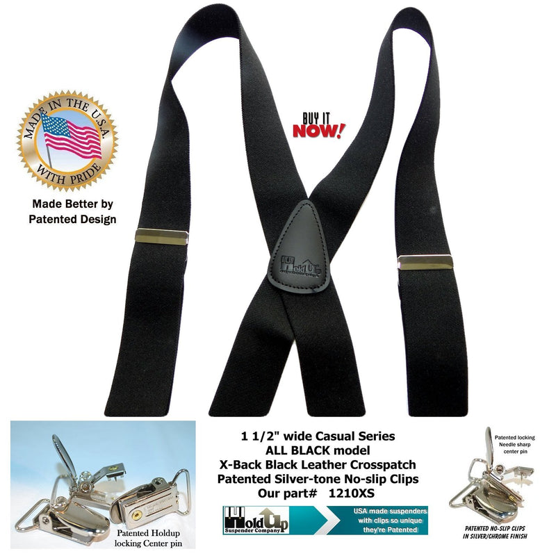 [Australia] - Holdup Suspender Company USA made All Black X-back style Suspenders with silver-tone No-slip Clips 