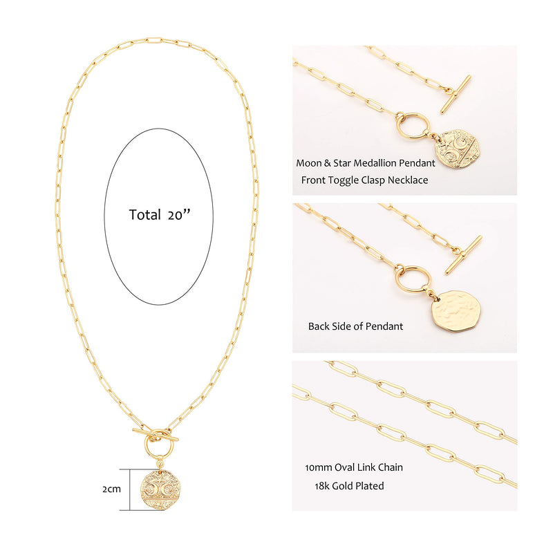 [Australia] - 18K Gold Moon Star Lion Evil Eye Pendant Necklace Medallion Paperclip Chian Choker Layering Jewery for Women Girls A Moon & Star 