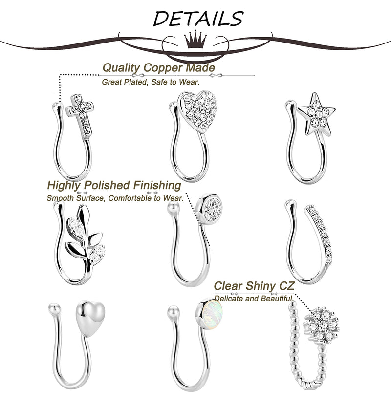 [Australia] - Masedy 9Pcs Fake Nose Rings Hoop Clip On Faux Setump Cartilage Tragus Ring Non Piercing Jewelry A: Silver 