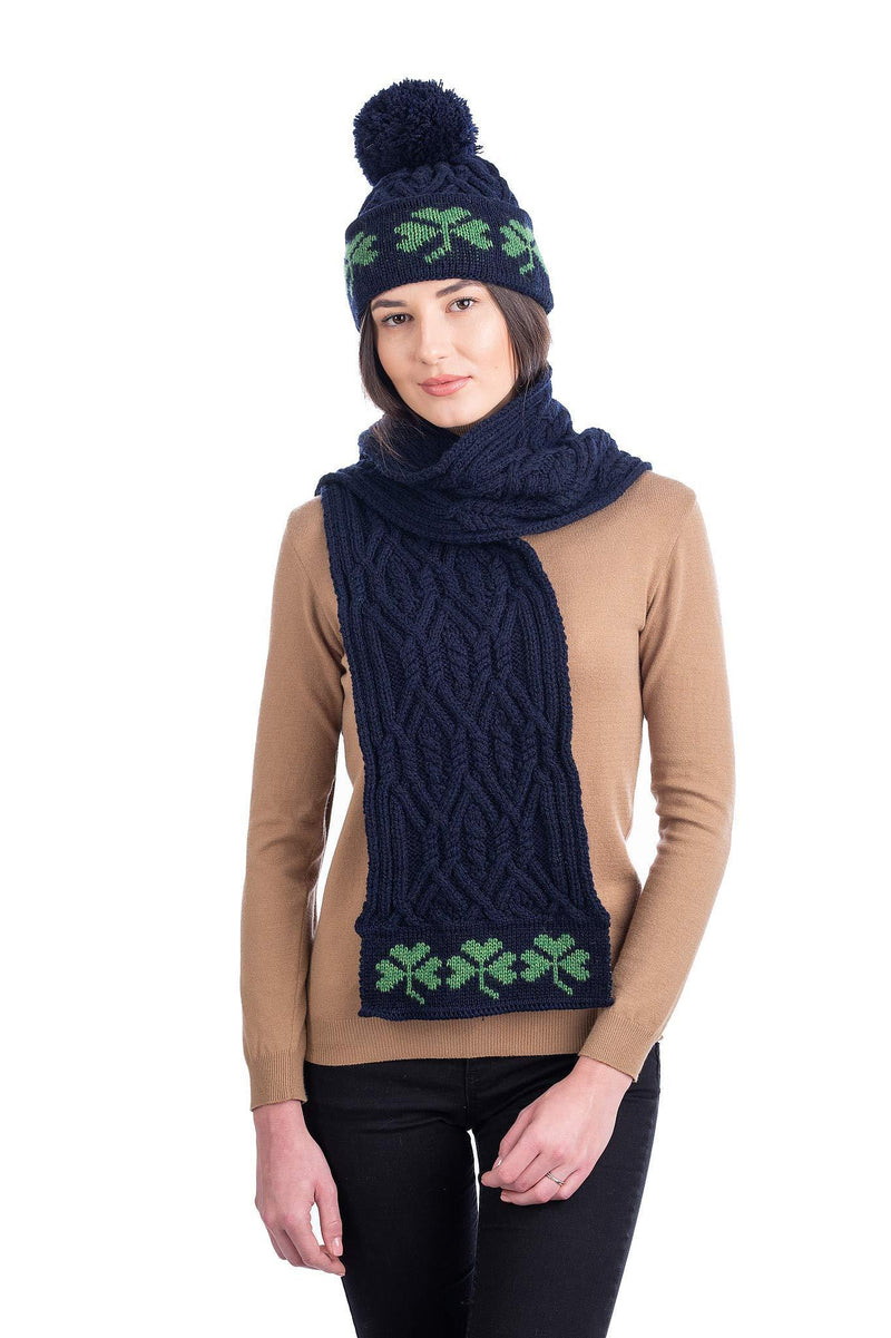 [Australia] - SAOL 100% Merino Wool Green Shamrock Knitted Hat for Ladies, in Natural/Navy/Green Navy 