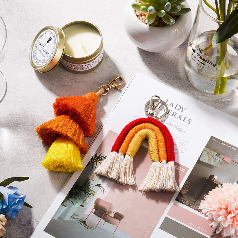 [Australia] - 2 Pieces Boho Rainbow Keychains Pom Pom Tassel Macrame Keychains for Women Girls Bright Color 