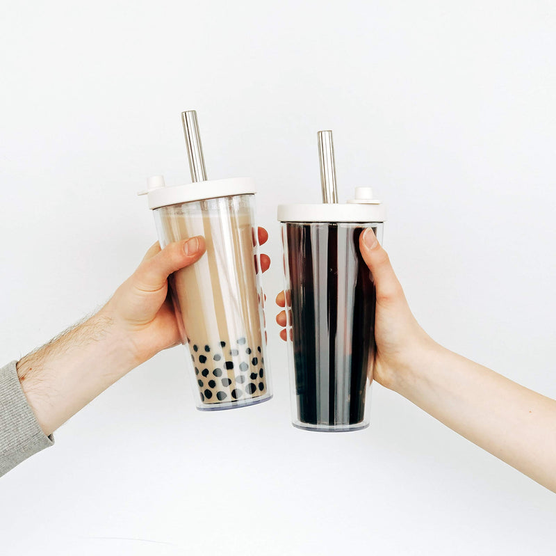 [Australia] - Reusable Boba Cup with Resealable Lid Plug - 17 Oz Double Wall Insulated | Smoothie Tumbler | Wide Stainless Steel Straw for Bubble Tea, Boba Pearls - Night Black 