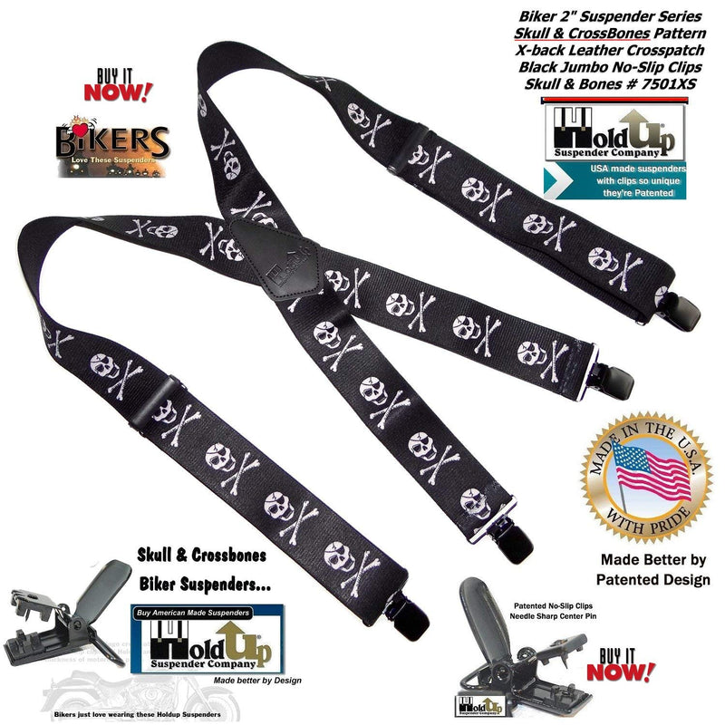 [Australia] - Holdup Brand Skull & Crossbones pattern X-back Biker Suspenders with Jumbo No-slip Clips 