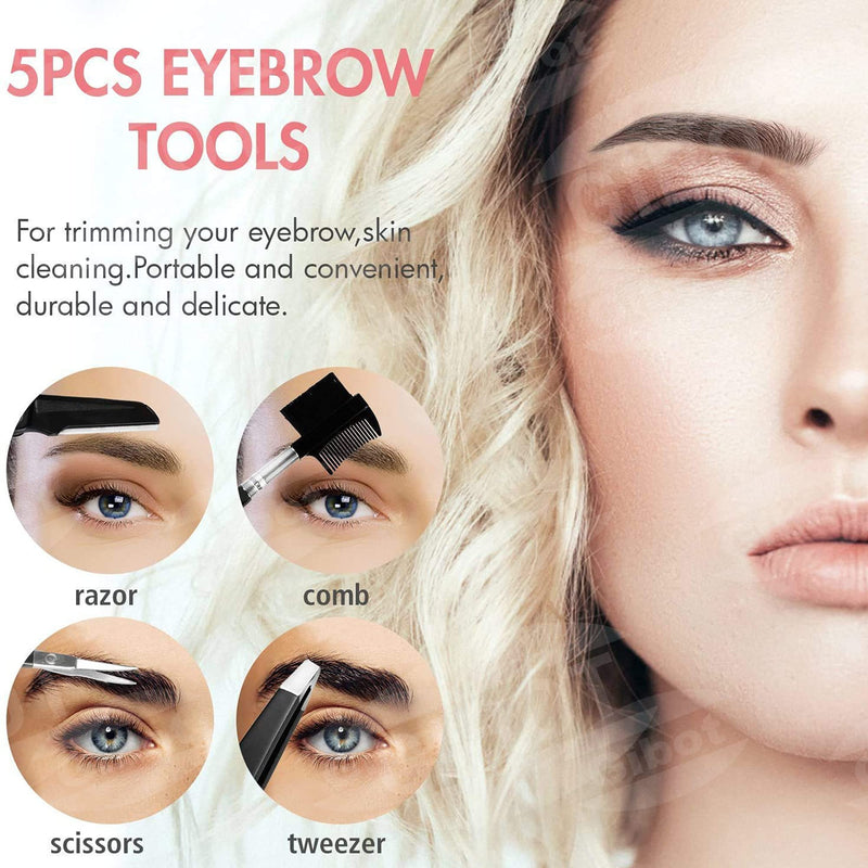 [Australia] - Gibot Eyebrow Set, 5pcs Stainless Steel Eyebrow Grooming Kit with Tweezers, Scissors, Eyebrow Brush Comb, Eyebrow Pencil, Razor and Travel Case for Women and Men, Black 