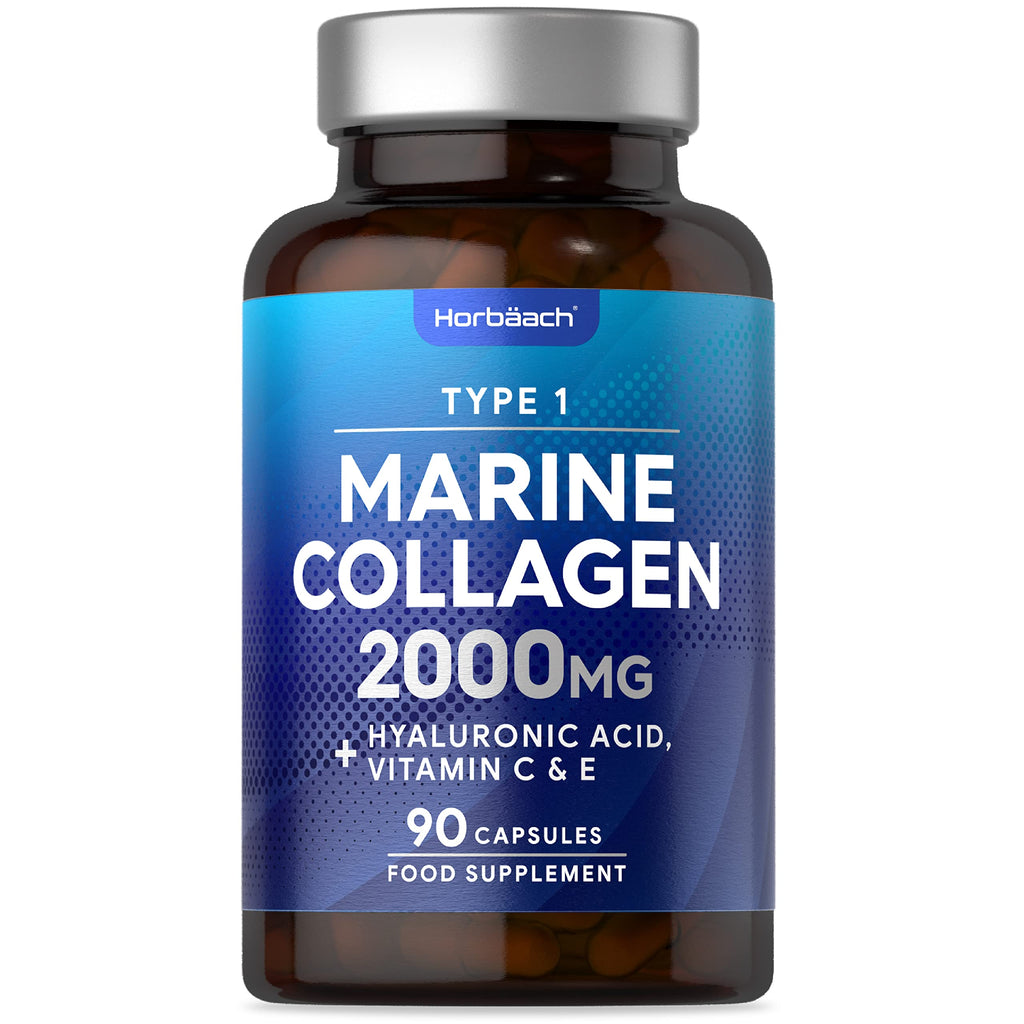 [Australia] - Marine Collagen Capsules | with Hyaluronic Acid, Vitamin C & E | 2000mg | High Strength Type 1 Collagen Peptides for Women & Men | 90 Capsules | by Horbaach 