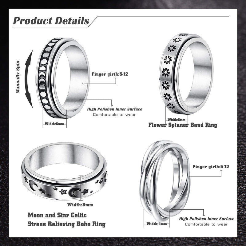 [Australia] - FUNRUN JEWELRY 4 Pcs Stainless Steel Spinner Ring for Women Mens Fidget Band Rings Moon Star Celtic Stress Relieving Wide Wedding Promise Rings Set 5 