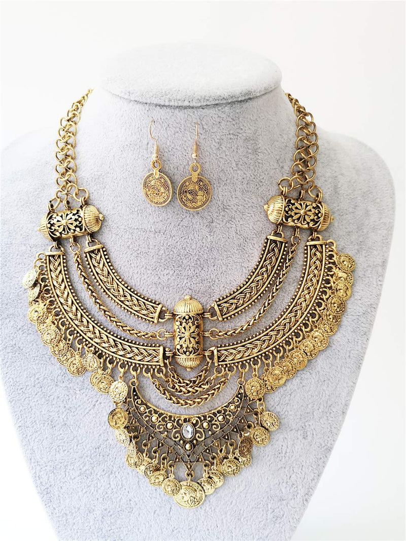 [Australia] - Ufraky Women Vintage Bohemian Ethnic Gypsy Bib Chunky Festival Statement Coin Necklace and Earrings Set Anti gold 