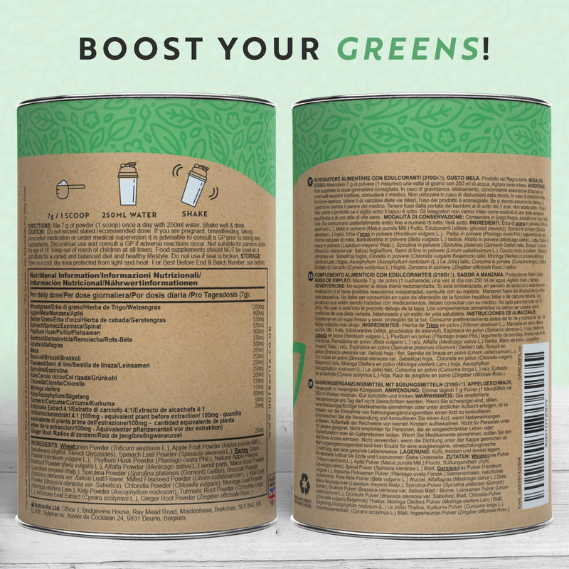 [Australia] - Super Greens Powder Complex - Natural Apple Flavour - Premium Superfood Powder Blend with Spirulina, Barley Grass and Turmeric - High Fibre, Vegan Friendly, and GMO Free - Made in The UK by Nutravita 