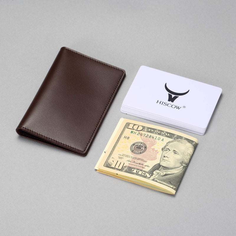 [Australia] - HISCOW Minimalist Thin Bifold Card Holder - Italian Calfskin Coffee, Gold logo 