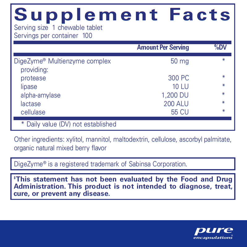 [Australia] - Pure Encapsulations Digestive Enzyme Chewables | Chewable Enzyme Blend to Support Protein, Carbohydrate, Fiber, and Dairy Digestion | 100 Chewable Tablets 
