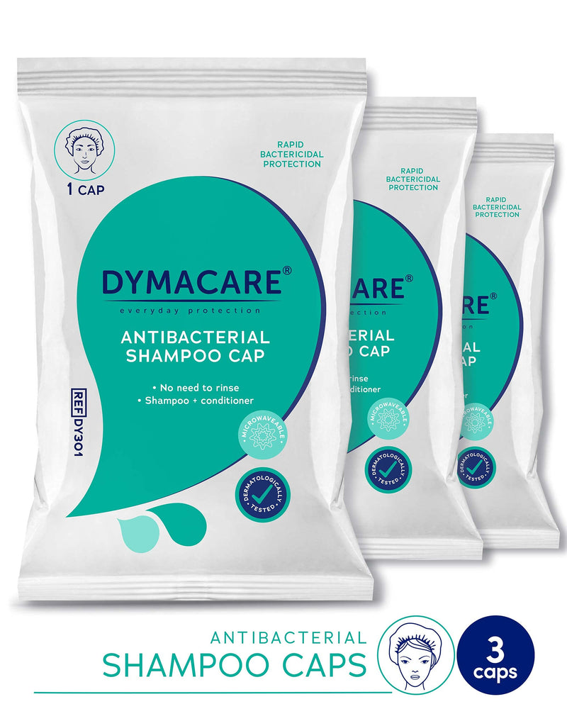 [Australia] - DYMACARE Antibacterial No Rinse Shampoo Cap | Rinse Free Shower Cap That Shampoos & Conditions | PH Balanced Waterless Hair Wash | 3 Caps 