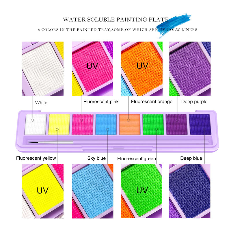 [Australia] - KYDA 8 Colors UV Glow Eyeliner Palette, Water Activated Eyeliner Palette, Highly Pigmented Eyeshadow Eyeliner Makeup Palette, Body Face Paint Makeup with Eyeliner Brush-Set A 