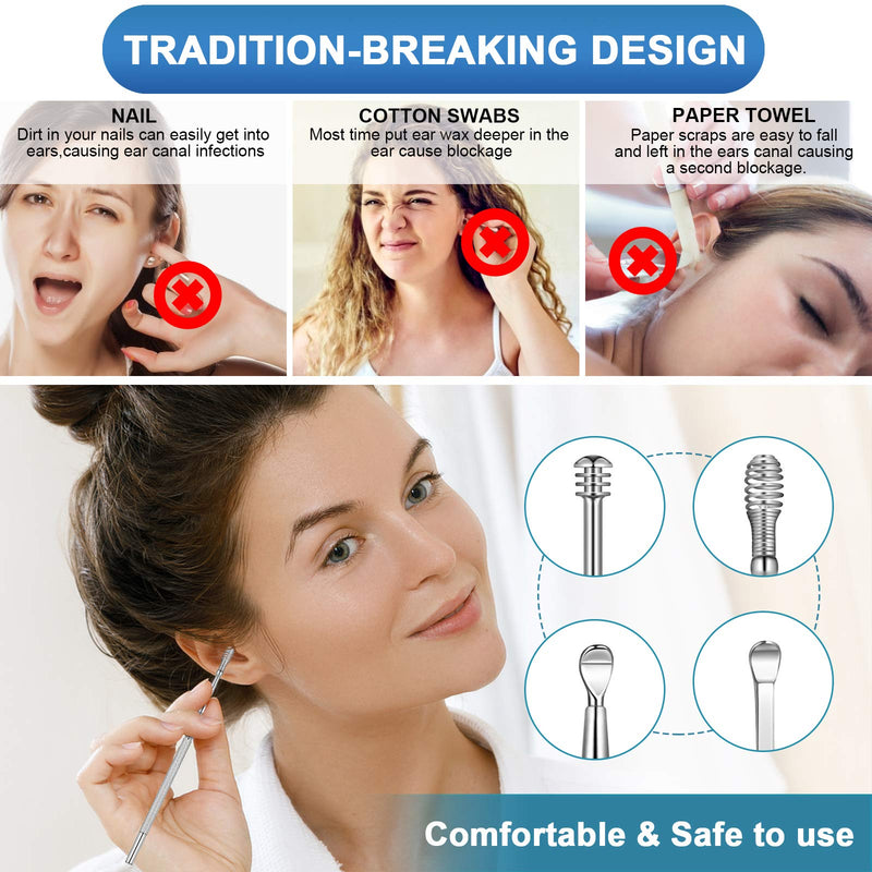 [Australia] - 8Pcs Ear Pick Ear Wax Removal Kit, Earwax Removal Tool, Ear Cleansing Set, Ear Curette Ear Wax Remover Tools with a Cleaning Brush and Storage Box, Medical Grade, for Ear Adult and Kid, Silver 