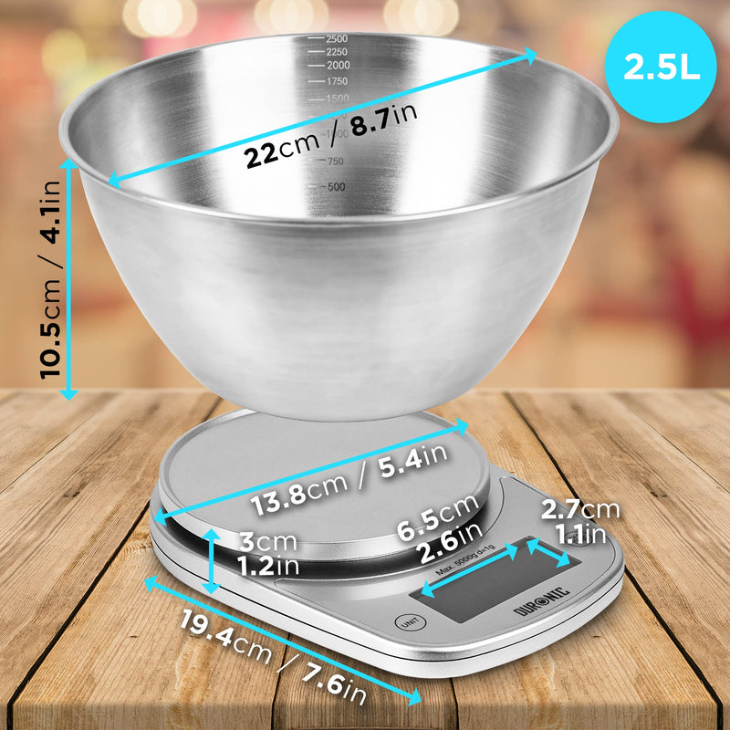 [Australia] - Duronic Kitchen Scales with Bowl KS5000 SR/SS, Postal Baking weighing scale, 2.5L Bowl, 5KG Capacity, Add & Weigh Tare, 1g Precision KS5000SR 
