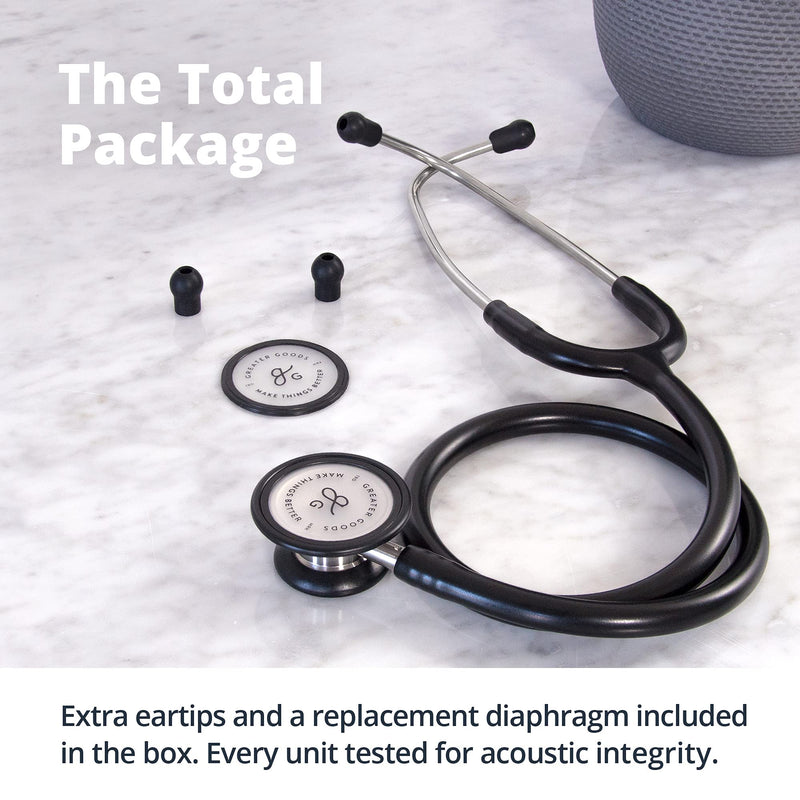 [Australia] - Greater Goods Tunable Dual-Head Stethoscope - Important Component First Aid Kit | Necessary Nurse Accessories | Adjustable Headset - Free Replacement Ear Tips and Diaphragm | Designed in St. Louis Black w/Stainless Steel Binaural 