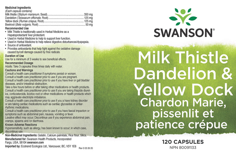 [Australia] - Swanson Milk Thistle, Dandelion & Yellow Dock - Herbal Liver Support Supplement - Natural Supplement Helping to Maintain Overall Health & Wellbeing - (120 Capsules) 1 Pack 