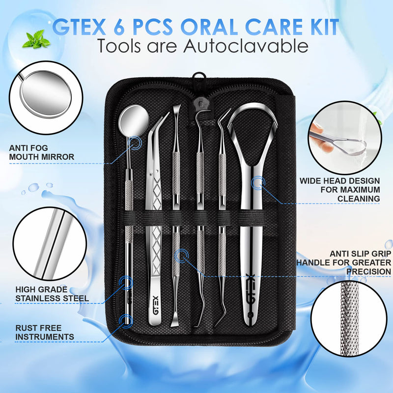 [Australia] - GTEX Plaque Remover for Teeth - 6Pcs Dental Care Kit for Teeth Cleaning - Plaque Removal Tartar Remover Stainless Steel Tongue Scraper Tool for Home Use 