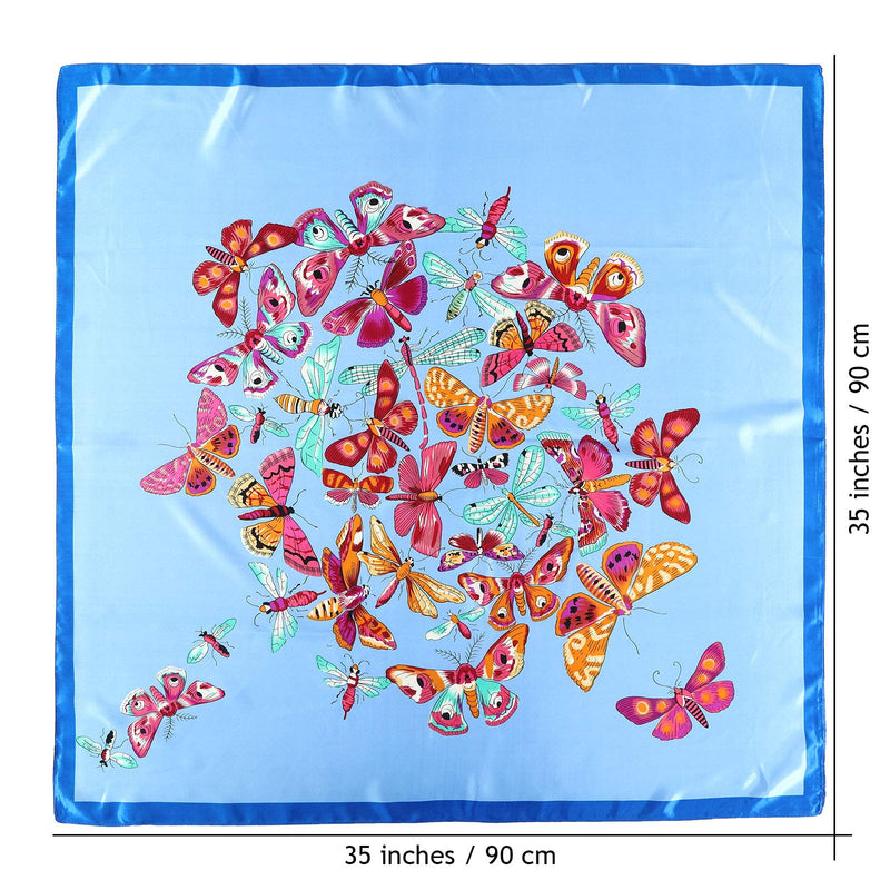 [Australia] - 35” Large Satin Square Head Scarf - 2Pcs Silk Like Floral Head Scarves Square Satin Hair Scarf Bandanas for Women Butterfly(blue/Beige) 