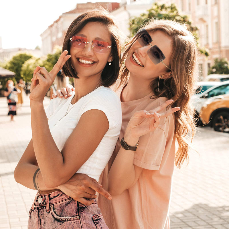 [Australia] - URATOT Rimless Rectangle Sunglasses Clear Retro Sunglasses Vintage Eyewear Metal Frame Eyewear for Women Men 3 Pink, Gray, Tea 