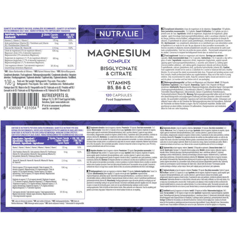 [Australia] - Magnesium Glycinate Complex - 2145mg Bisglycinate + Citrate Magnesium Supplements - Vitamins C B5 B6 - High Strenght Chelated Magnesium - 120 Capsules Nutralie 