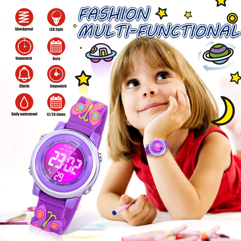 [Australia] - Viposoon Kids Watches, 3D Cartoon Waterproof Watch with 7 Color Lights Alarm Stopwatch Suitable for 3-10 Year Boys Girls - Best Gift Butterfly Purple 