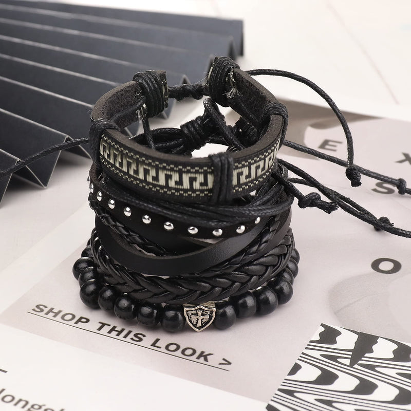 [Australia] - Florideco 30 Pcs Punk Braided Leather Bracelets for Men Women Cuff Wrap Bracelet Set Black and Brown Woven Rope Wristbands Bracelet Adjustable Hemp Cords Wood Beads Ethnic Tribal Bracelets 