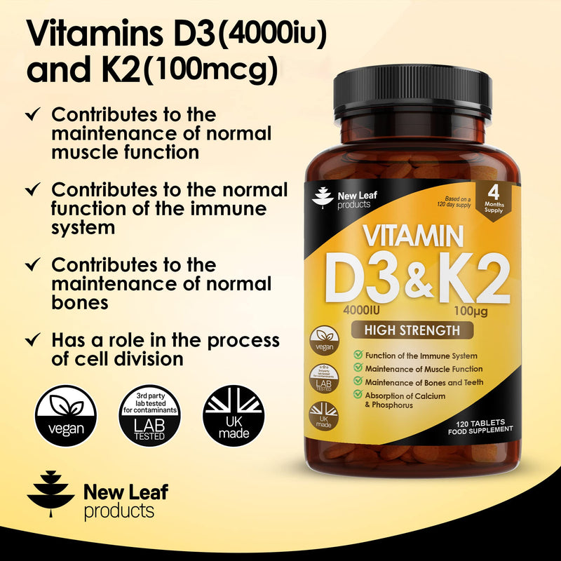 [Australia] - Vitamin D3 K2, Vitamin D3 4000iu + Vitamin K2 100mcg, 4 Months Supply, Supports Immunity, Calcium Absorption and Bone Health, Non-GMO, UK Made by New Leaf 120 Vegetarian Tablets, 