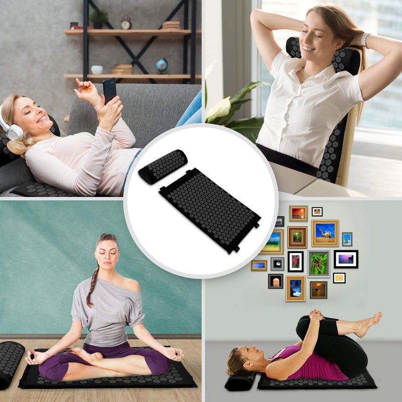[Australia] - Belmalia Acupressure Set with Neck Cushion for Relaxation + Well-Being | Easy Transport Acupuncture Mat and Pillow Set | Massage Mat with Carrying Handles | Black 