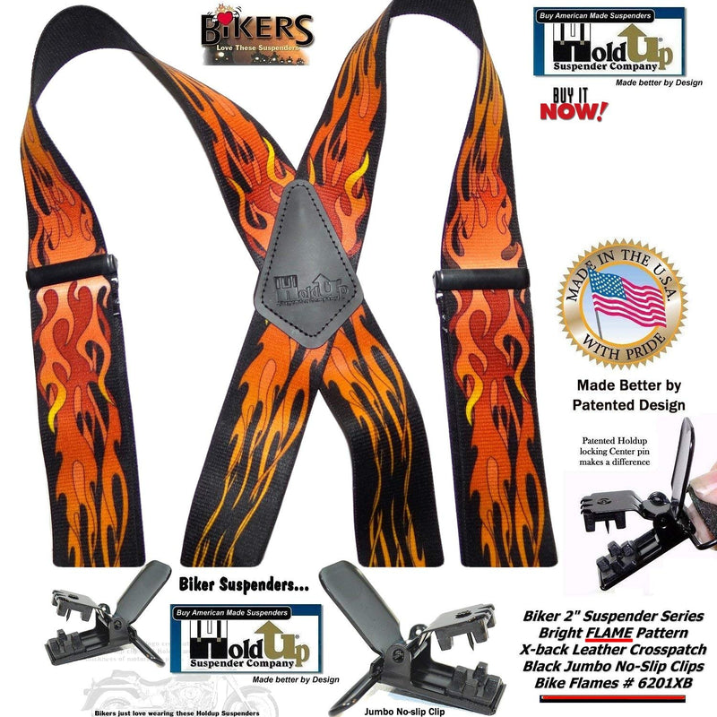 [Australia] - Holdup Suspender Company Flame Pattern 2" wide Biker Suspenders with Patented Jumbo black no-slip Clips 