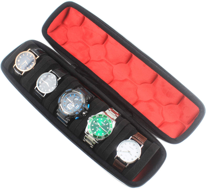 [Australia] - 5 Slots Portable Watch roll Travel case Holder and Organizer(fit up to 55mm) with Separation Pillow, Keep Watch from Moving(Deluxe red Lining) 