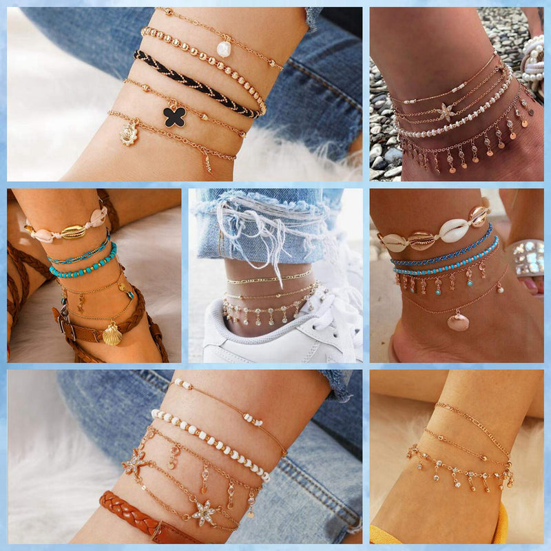 [Australia] - Florideco 22Pcs Ankle Bracelets for Women Inifinity Bead Shell Anklet Adjustable Layered Chain Anklet Set Foot Jewelry 