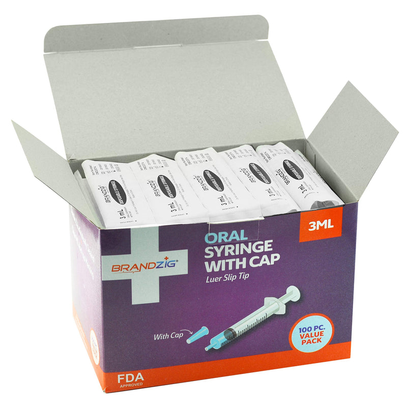 [Australia] - 3ml Syringe With Cap (100 Pack) | Oral Dispenser Without Needle, Luer Slip Tip | Individually Wrapped Medicine Dropper For Infants & Pets 