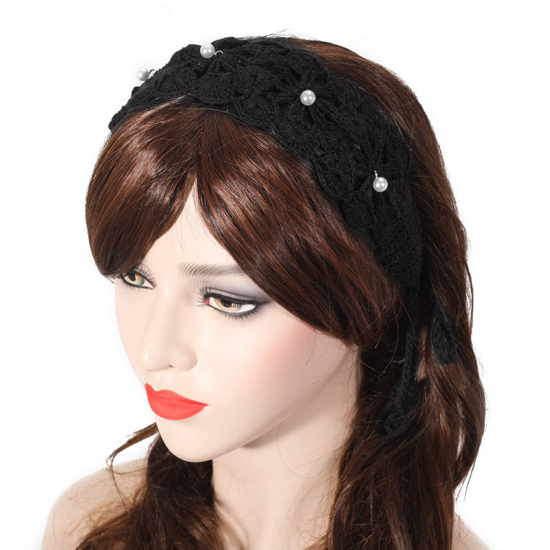 [Australia] - ZLYC Women Floral Headband Handmade Crochet Knit Vintage Hair Bands (Solid Black) Solid Black 