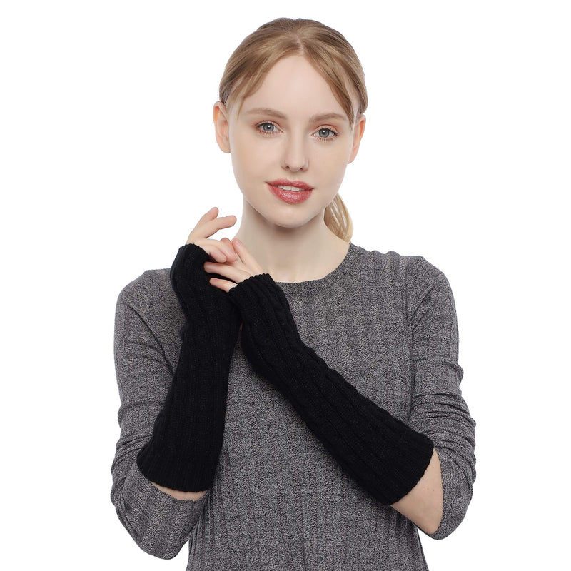 [Australia] - Flammi Women's Cable Knit Arm Warmers Fingerless Gloves Thumb Hole Gloves Mittens Black 