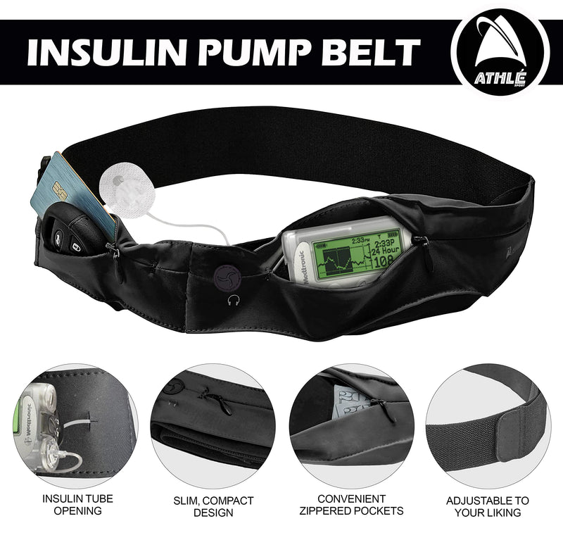 [Australia] - Athlé Insulin Pump Belt - 2 Stretch Pockets Fits Insulin Pump, Epipen, Phone, Wallet, Cards and More - Comfortable and Adjustable Waist Strap - Size Small 22" - 26" - Insulin Pump Holder - Black Small 22" - 26" 