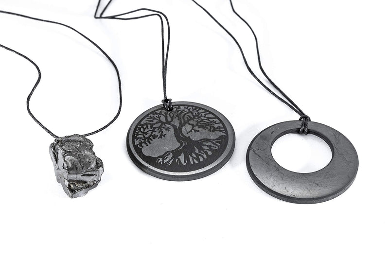 [Australia] - SN NATURSTEIN UG - Shungite Set of 3 Pendants"Tree of Life","Circle in a Circle","Precious Crystal 6-9g" 50 mm | Gem Stone from Karelia 
