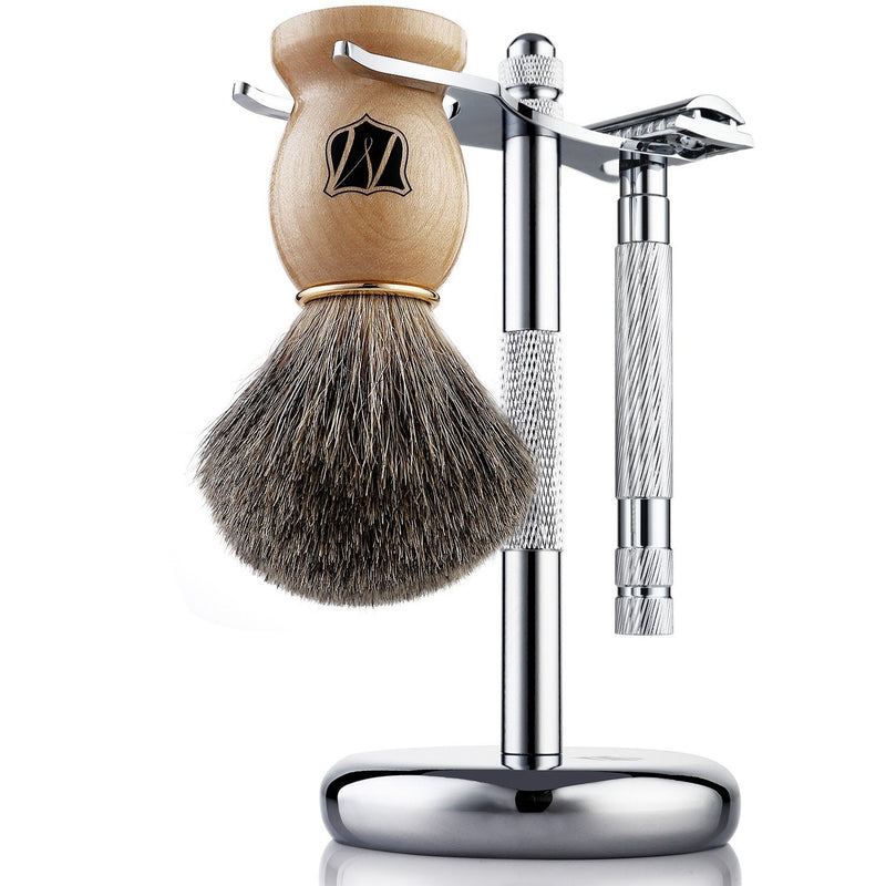 [Australia] - Miusco Natural Badger Hair Shaving Brush and Shaving Stand Set, Chrome Stand, Wooden Brush, Compatible with Safety Razor, Cartridge Razor and Disposable Razor 