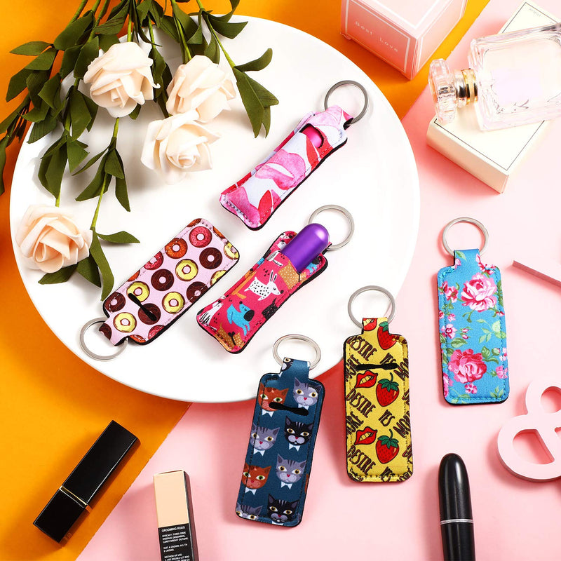 [Australia] - 12 Pieces Mini Chapstick Holder Keychain Lip Balm Holders Elastic Waterproof Neoprene Lipstick Tracker Sleeve Keychains Egg Toy Filler Travel Accessories with Metal Ring for Birthday Gift, 12 Styles 