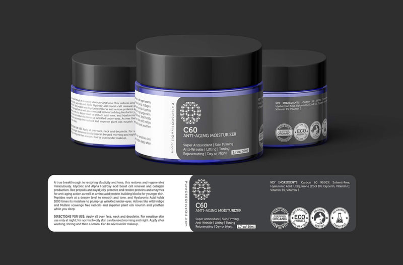 [Australia] - PureC60OliveOil Carbon 60 Anti-Aging Moisturiser 50ml with Hyaluronic Acid, Vitamins B + C + E & CoQ 10 for Men & Women Made With Organic Ingredients - From The Leading Global Producer 
