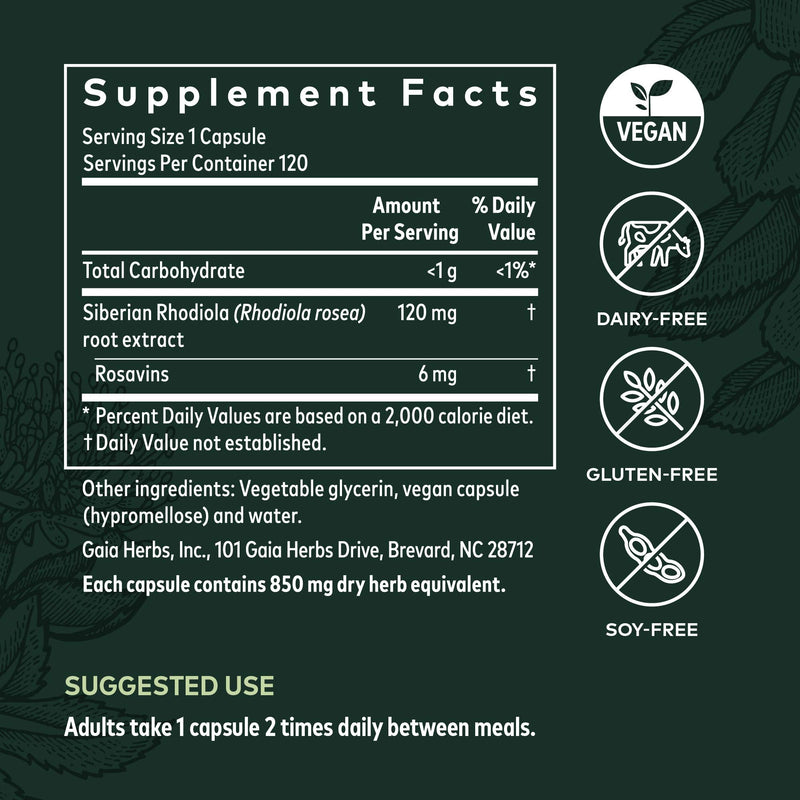 [Australia] - Gaia Herbs Rhodiola Rosea - Stress Support Supplement Traditionally for Supporting Healthy Stamina and Endurance - With Siberian Rhodiola Root Extract - 120 Vegan Liquid Phyto-Capsules (60-Day Supply) 120 Count (Pack of 1) Standard Packaging 